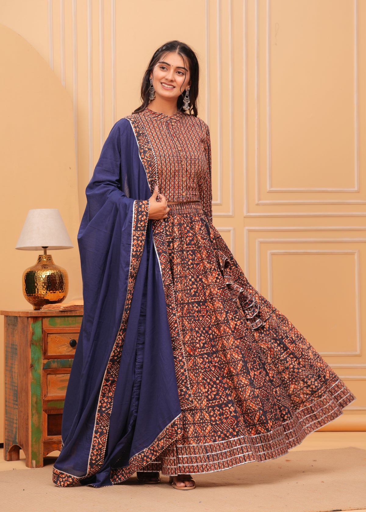 Ziyorah | Blockprinted Brown & Blue Lehanga Choli Set