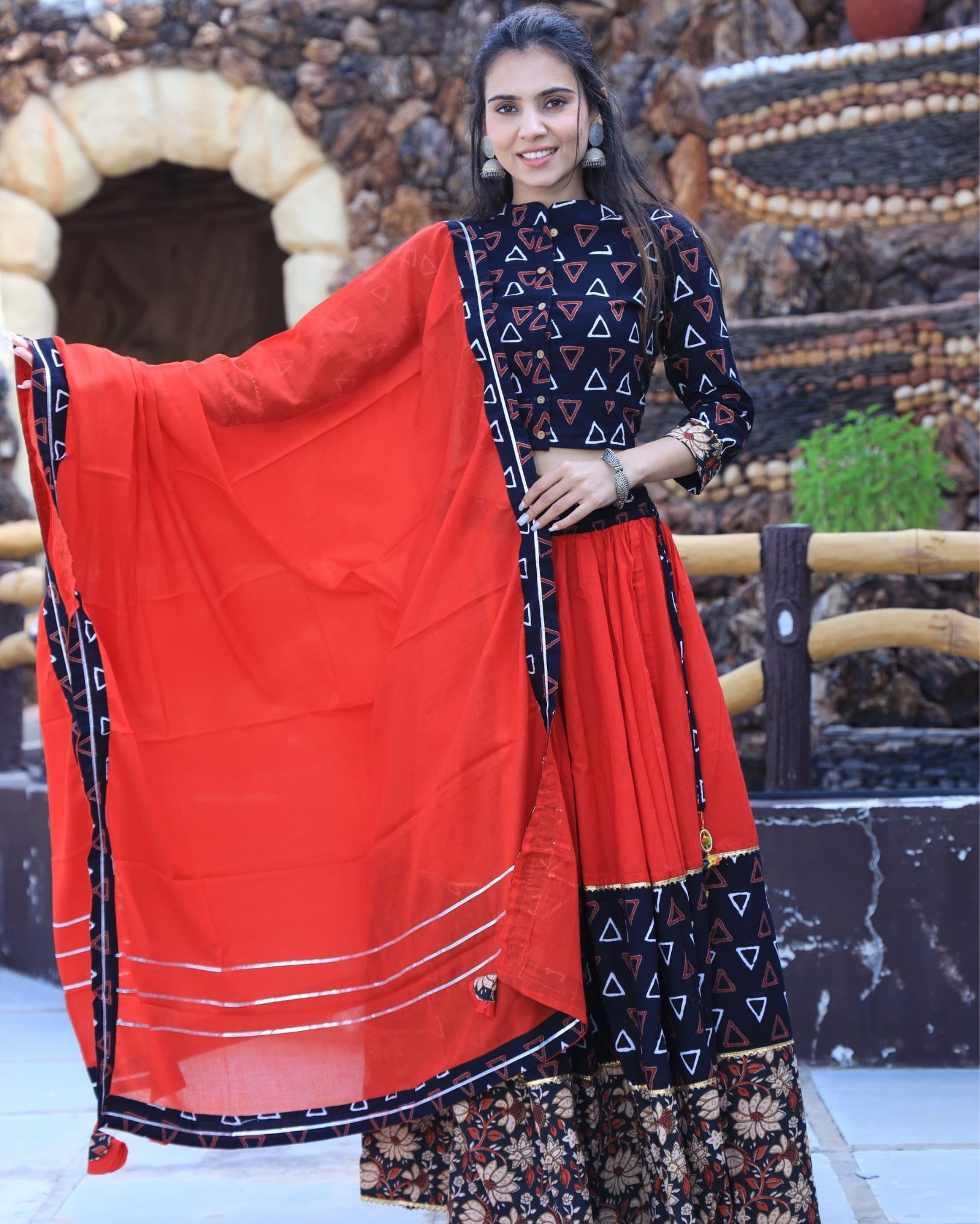 Ziyorah | Blockprinted Cotton Red & Black Lehanga Choli Set