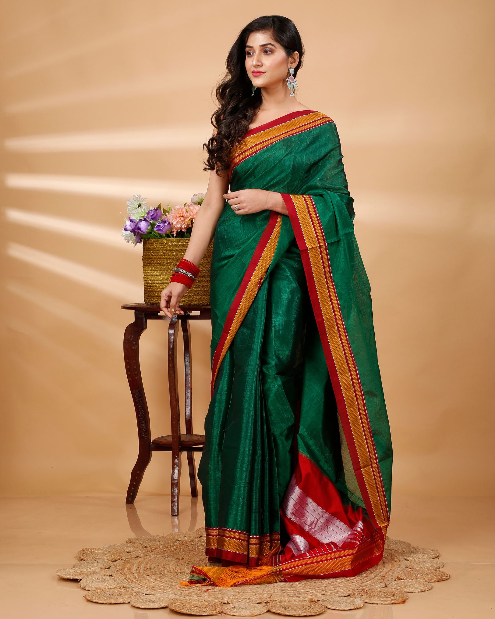 Ziyorah| Ilkal Handloom Cotton Silk Saree Dark Green Color With Running Blouse