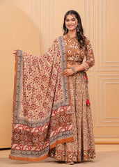 Ziyorah | Blockprinted Brown Lehanga Choli Set