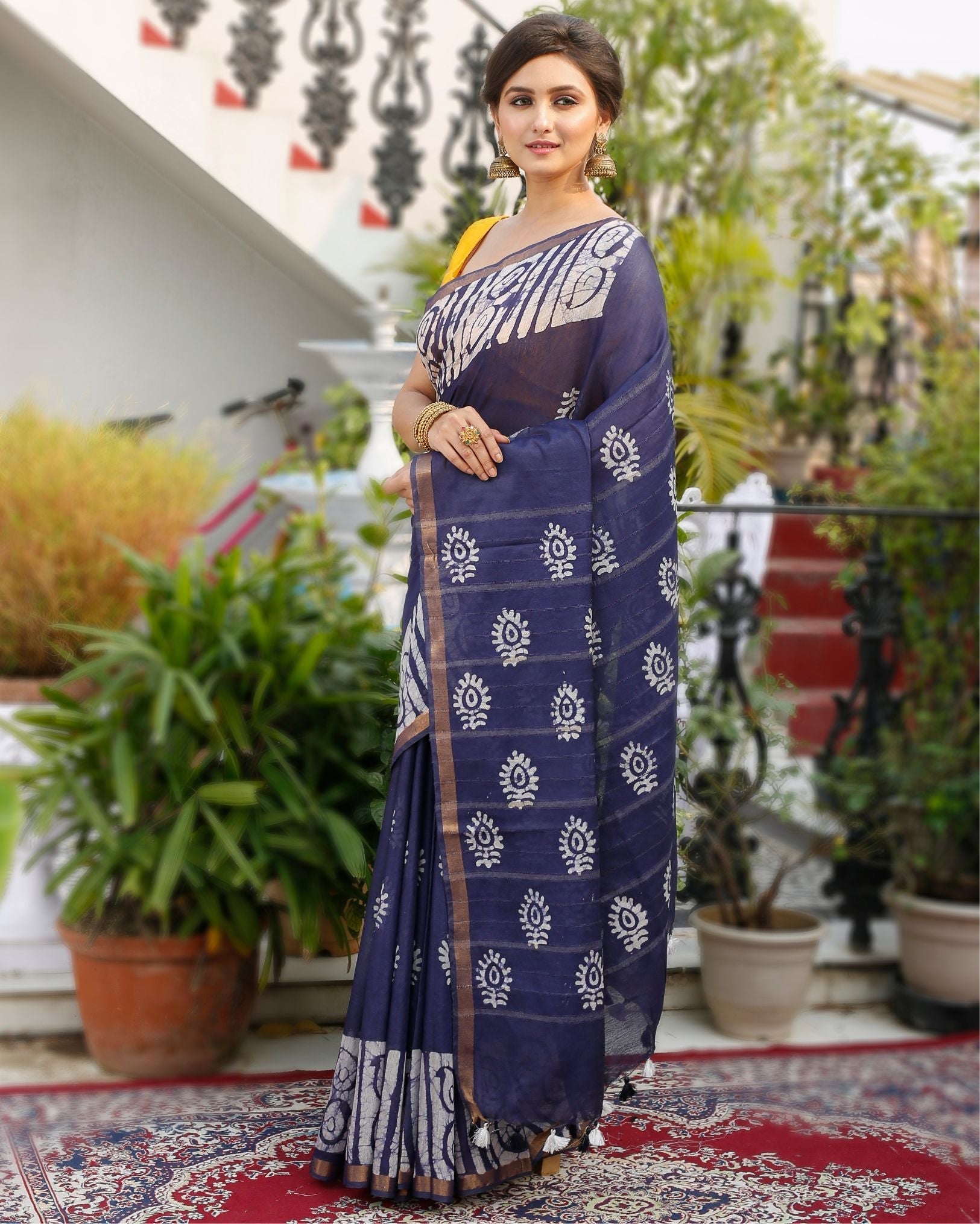 Ziyorah| Kota Silk Saree Slate Blue Color Batik Print With Running Blouse