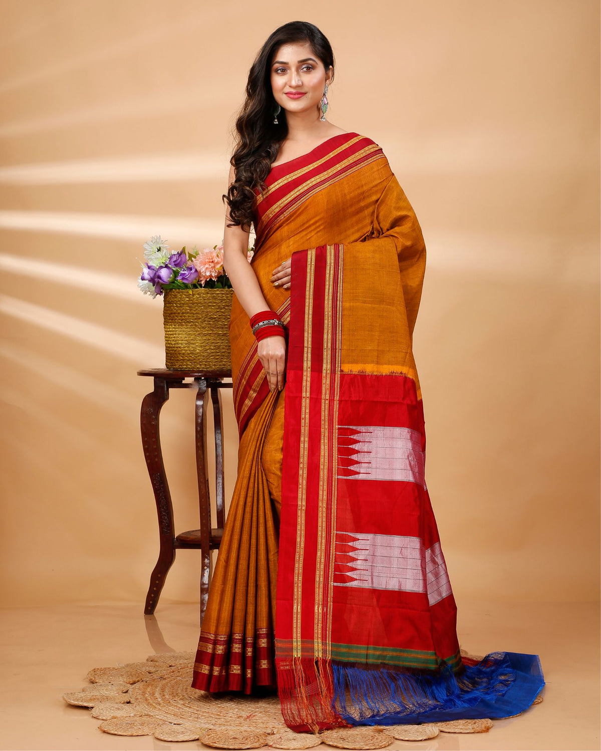 Ziyorah| Ilkal Handloom Cotton Silk Saree Metallic Orange Color With Running Blouse