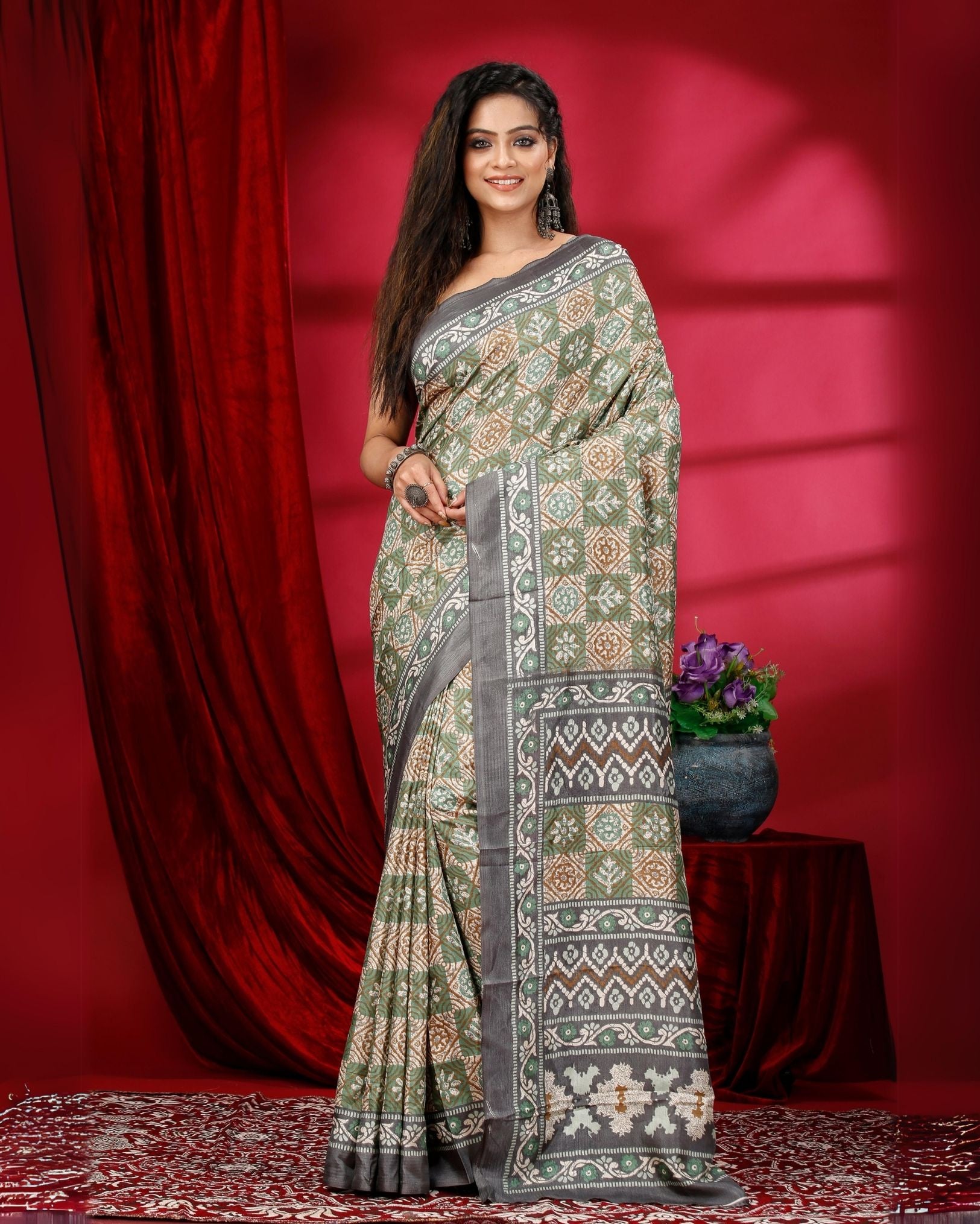 Ziyorah | Kashmiri Silk Green Printed Saree