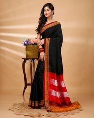 Ziyorah| Ilkal Handloom Cotton Silk Saree Black Color With Running Blouse