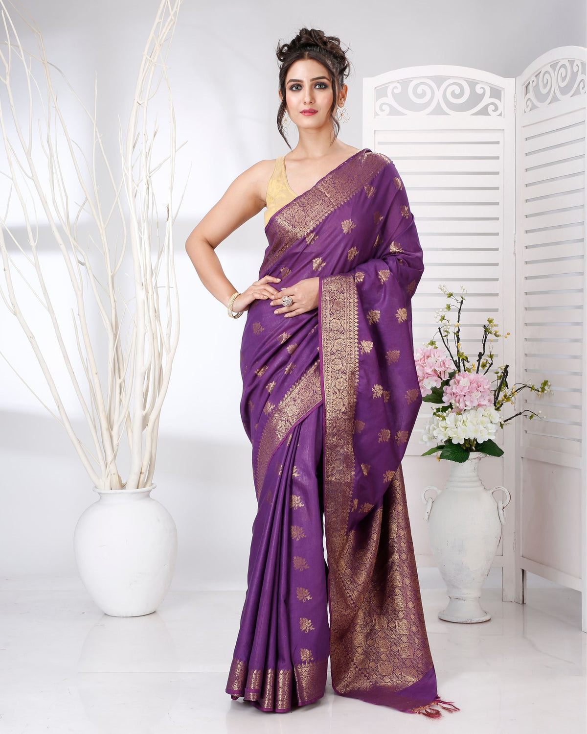 Ziyorah | Banarasi Katan Silk Purple Saree Jaquard Weaving Running Blouse