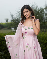 Ziyorah| Organza Pink Suit Hand Painted Three Quarter Length Sleeve