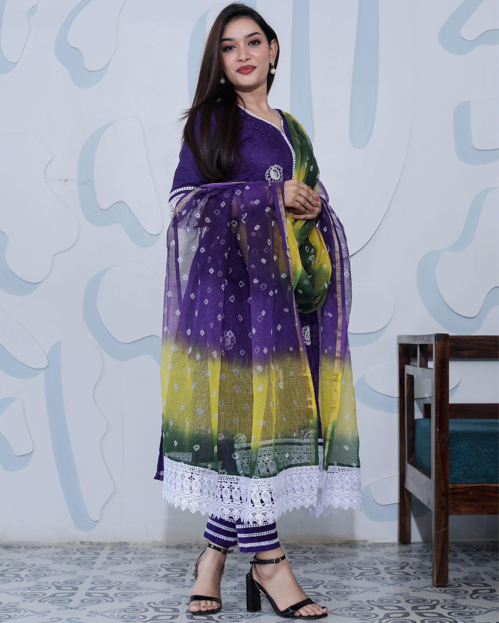 Ziyorah| Kota Doria Purple Suit Stitch Embroidery 3/4Th Sleeve