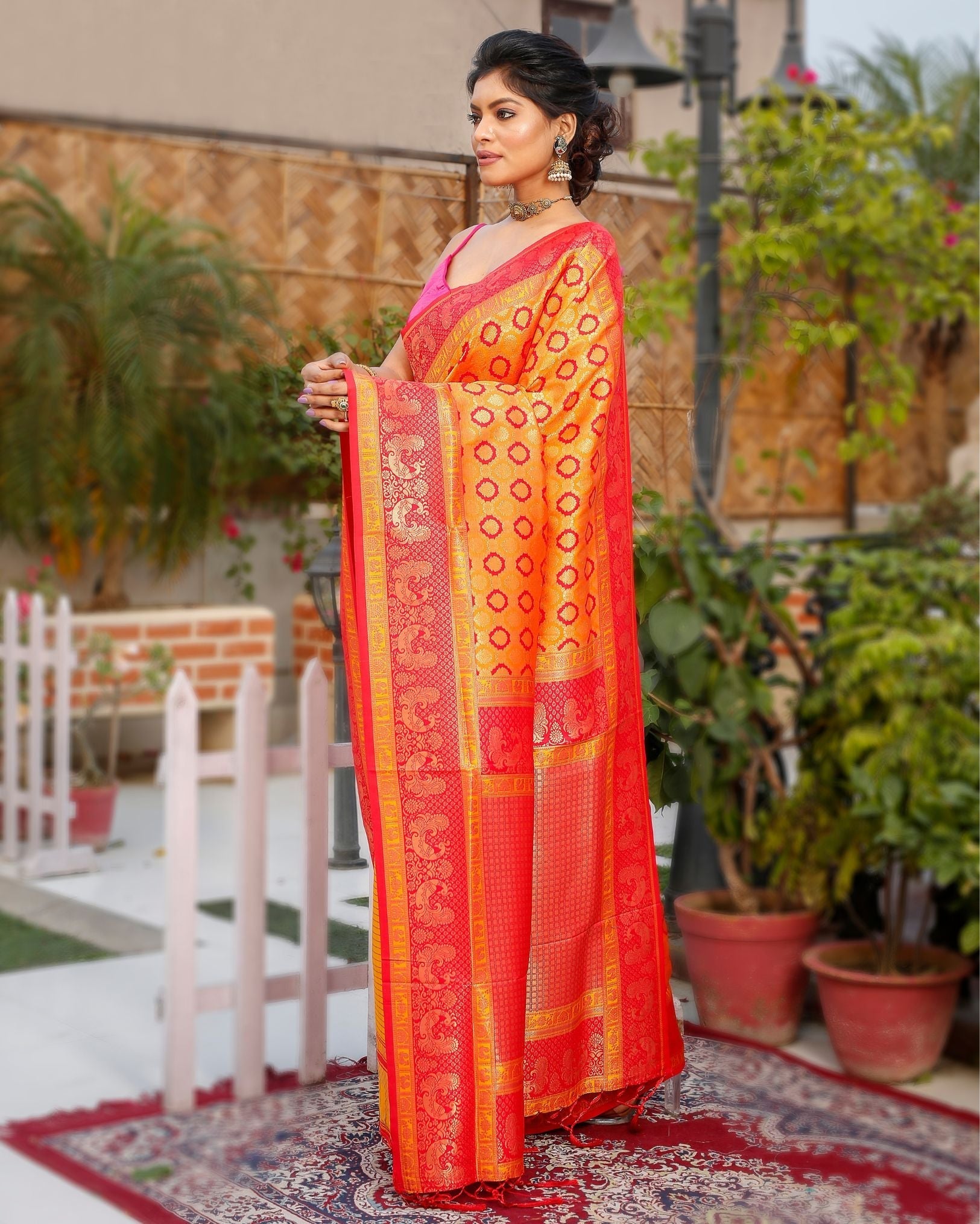 Ziyorah| Banarasi Silk Saree Bright Orange Color With Coral Red Pallu And Blouse