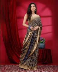 Ziyorah | Kashmiri Silk Navy Blue Printed Saree