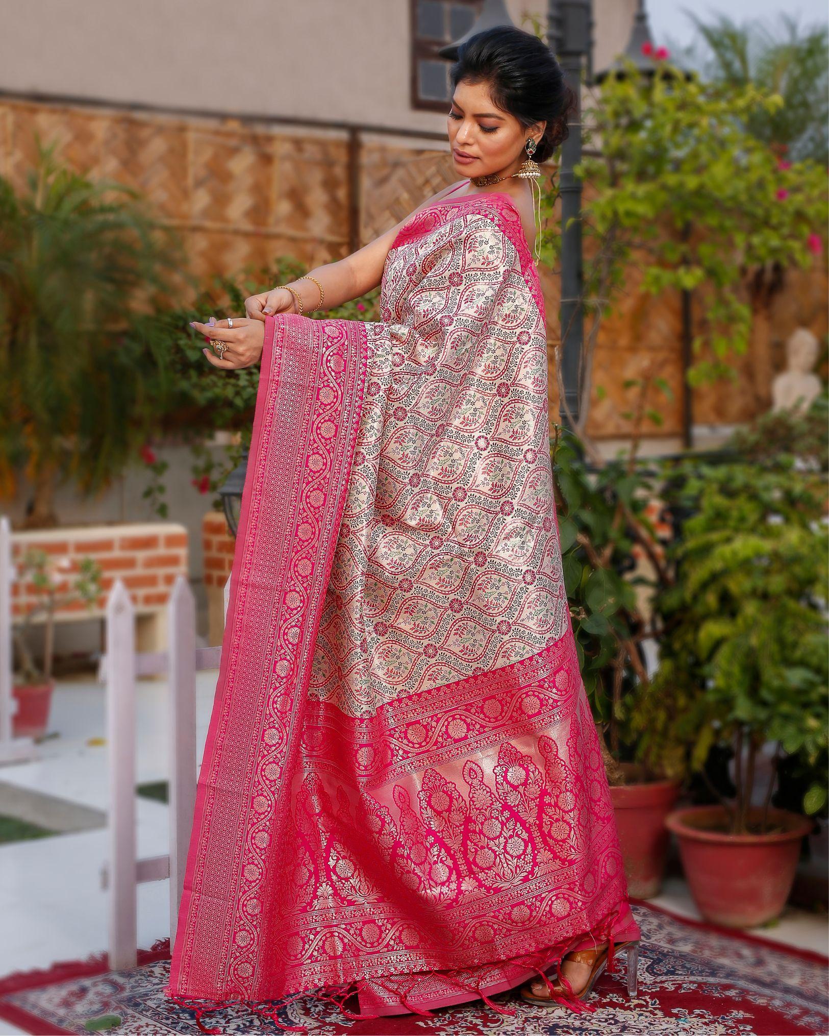 Ziyorah| Banarasi Silk Saree Light Beige & Pink Color With Contrast Pallu And Blouse