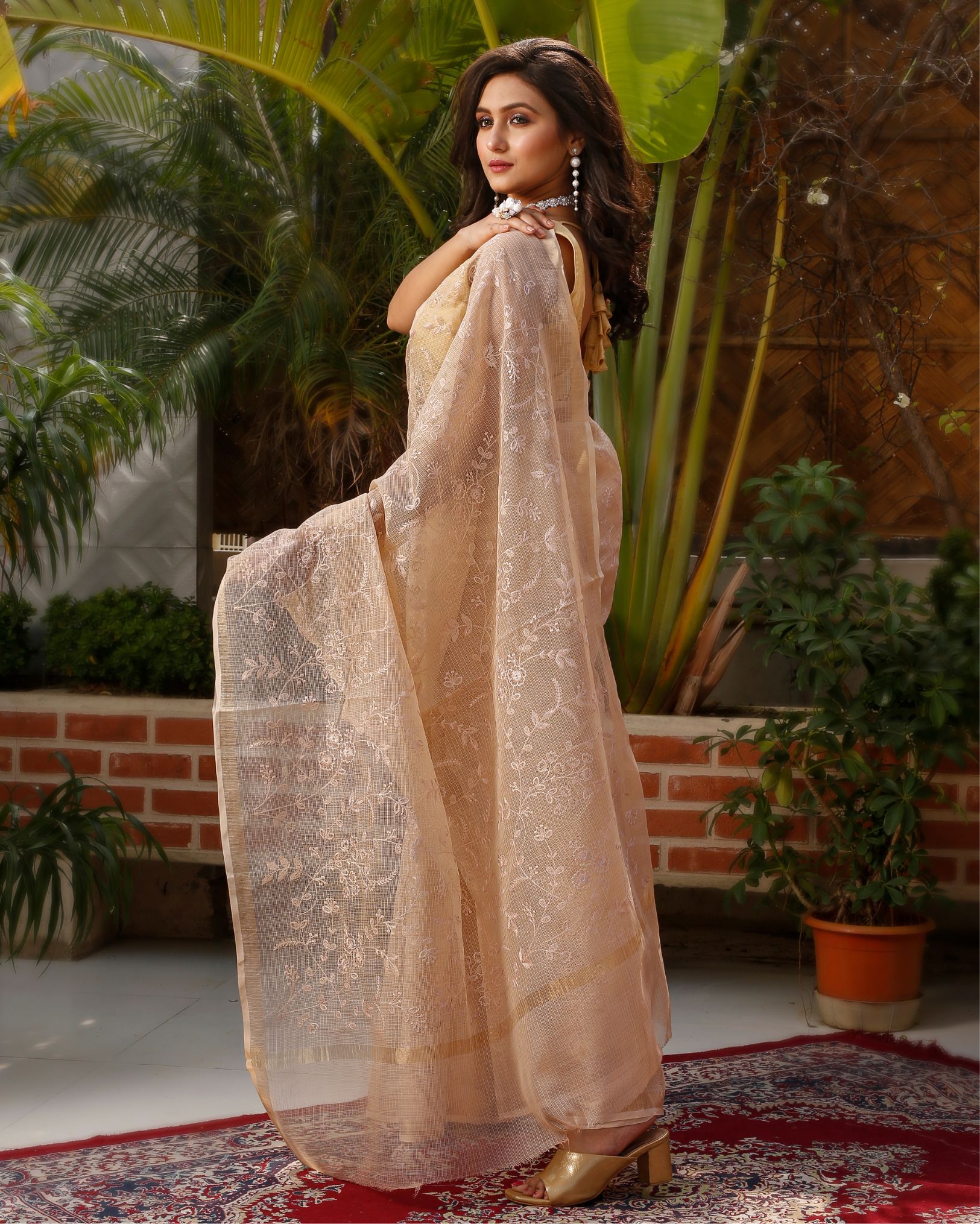 Ziyorah| Pure Cotton Kota Doria Saree Peach Color Jaal Embroidery With Running Blouse