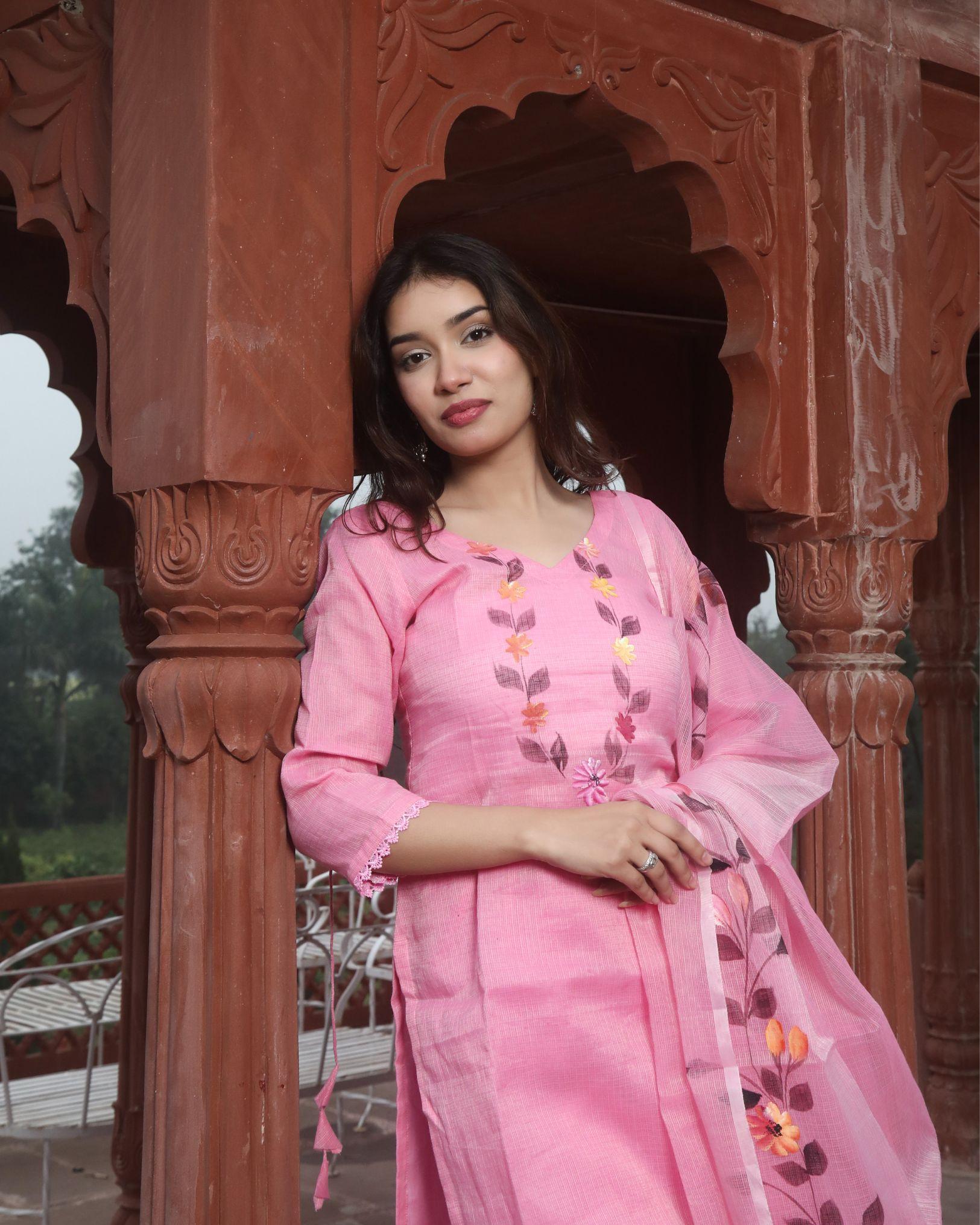 Ziyorah| Kota Doria Pink Suit Stitch Embroidery 3/4Th Sleeve