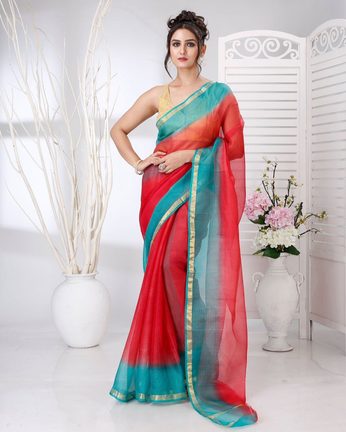 Ziyorah | Kota Silk Red Saree Plain With Running Blouse