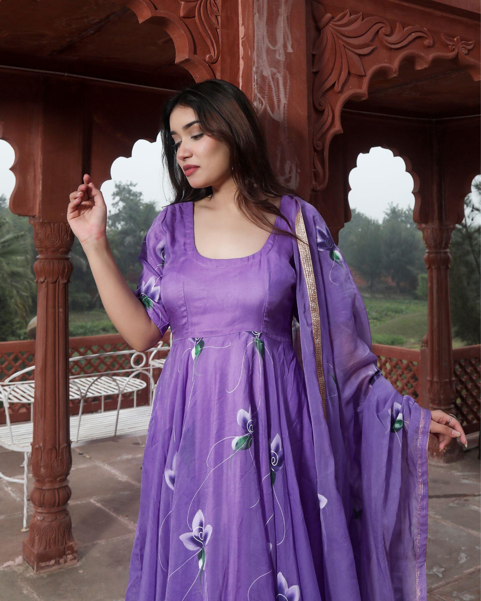 Ziyorah| Organza Purple Suit Hand Painted Three Quarter Length Sleeve