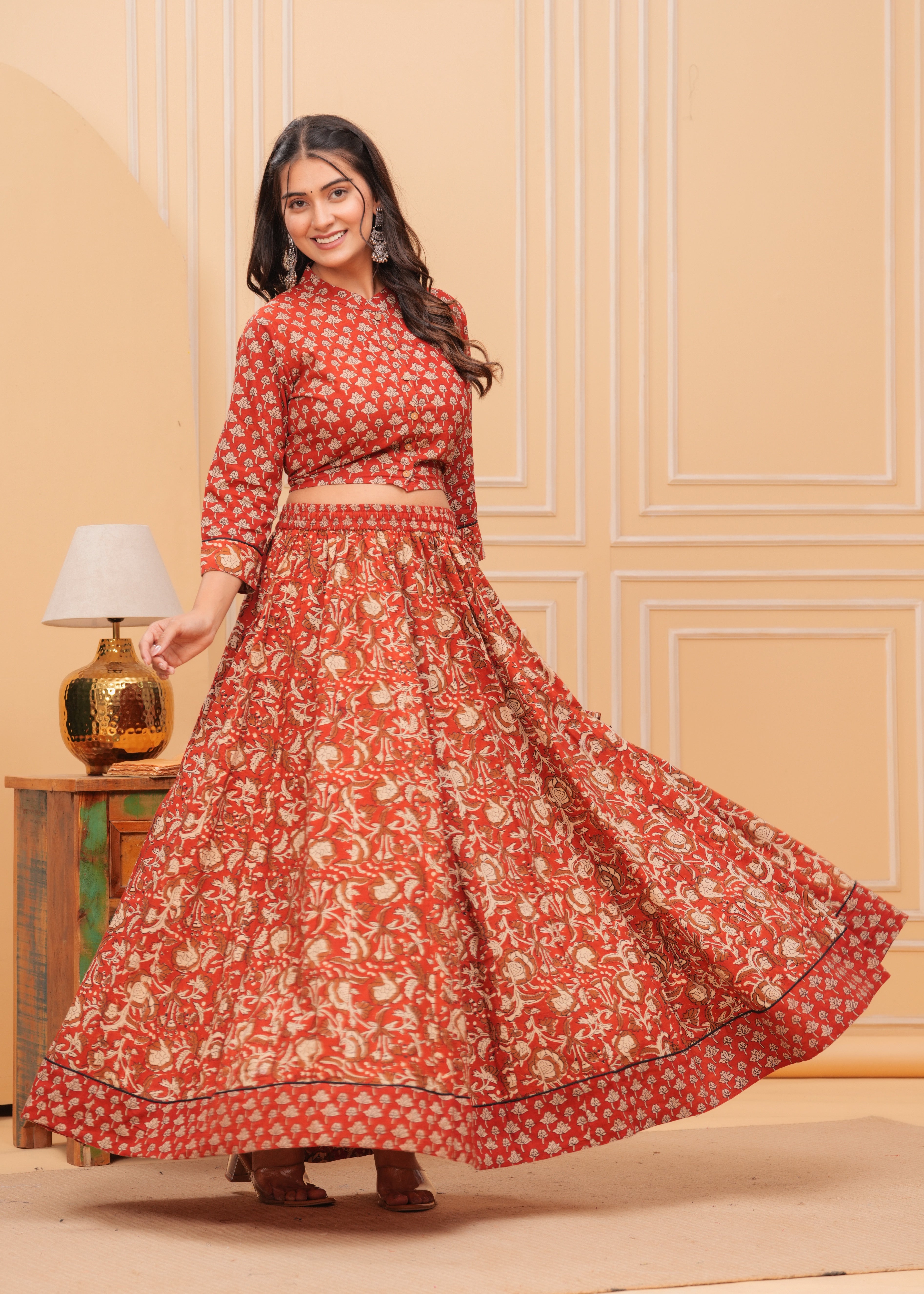 Ziyorah | Blockprinted Red Lehanga Choli Set