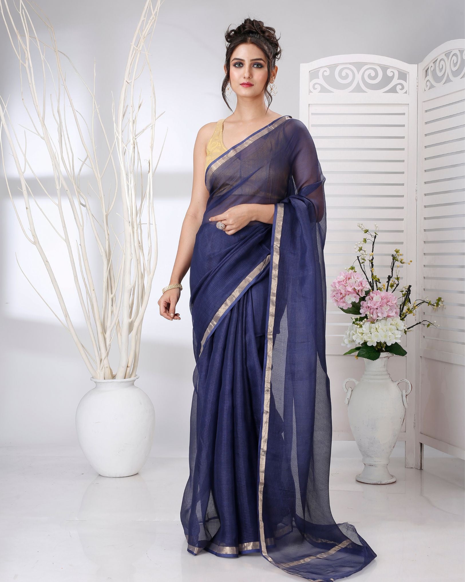 Ziyorah | Kota Silk Blue Saree Plain With Running Blouse