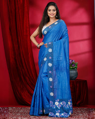 Ziyorah | Silkmark Certified Pure Tussar Blue Cutwork Saree