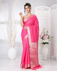 Ziyorah | Silk Linen Banarasi Brocade Handloom Pink Saree With Running Blouse