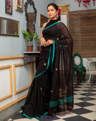 Ziyorah | Mul Cotton Embroidered Black Saree