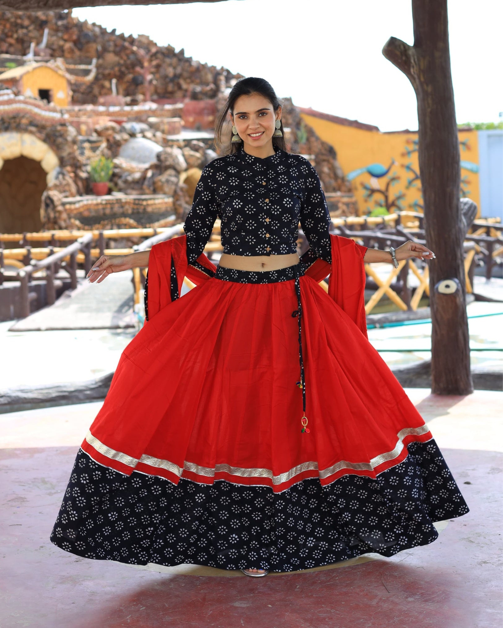 Ziyorah | Blockprinted Cotton Black & Red Lehanga Choli Set