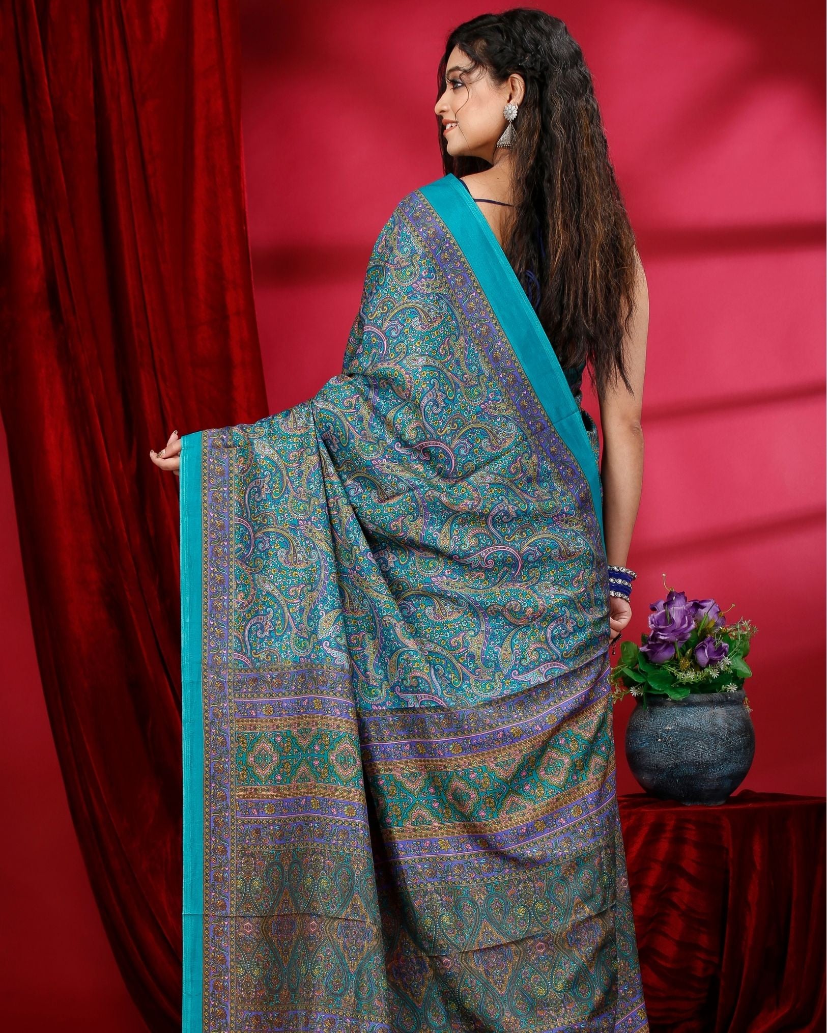 Ziyorah | Kashmiri Silk Green Printed Saree