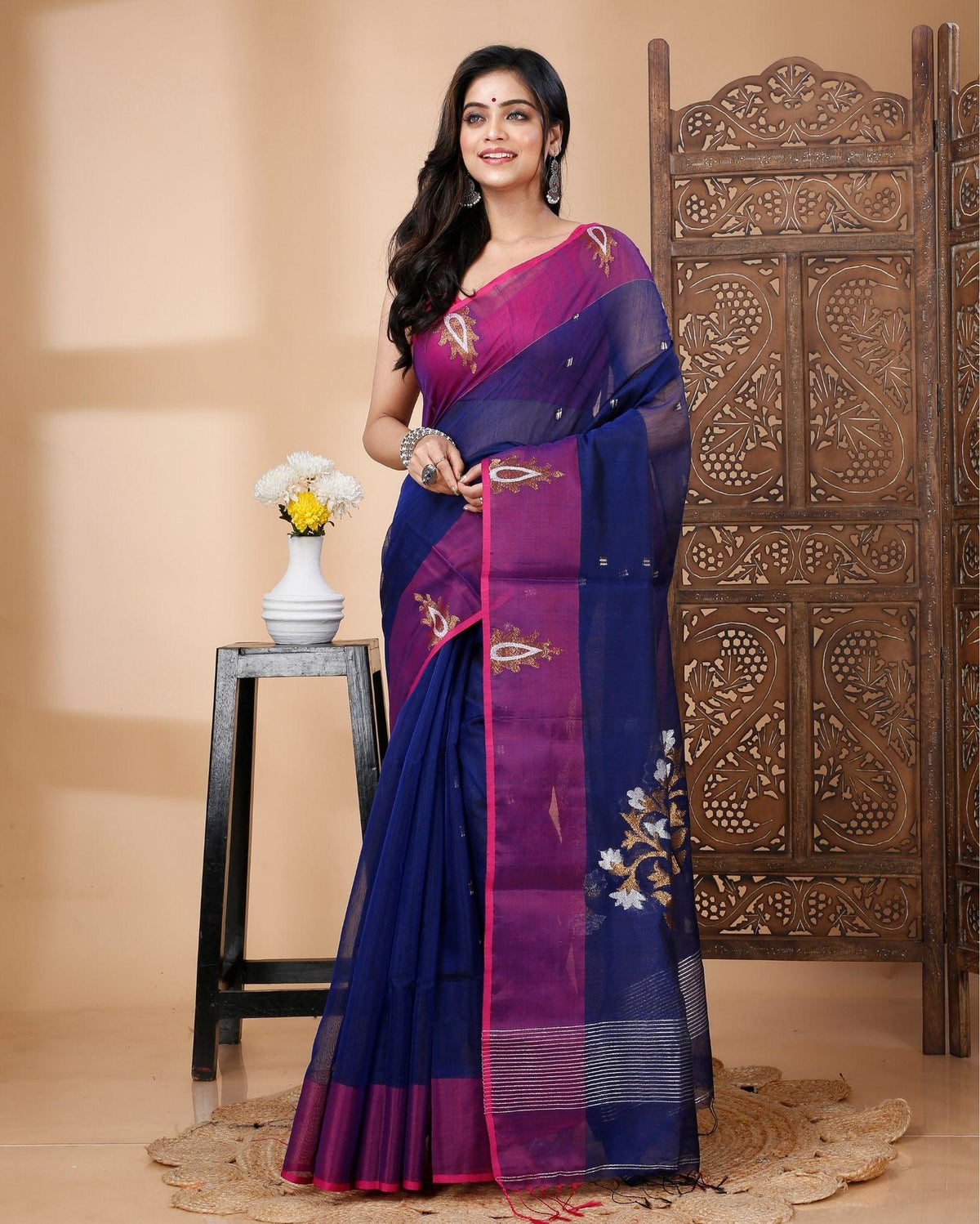 Ziyorah | Handloom Mercerized Cotton Silk Saree Dark Blue Color With Running Blouse