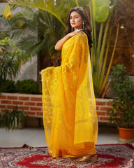 Ziyorah| Pure Cotton Kota Doria Saree Goldenrod Yellow Color Jaal Embroidery With Running Blouse