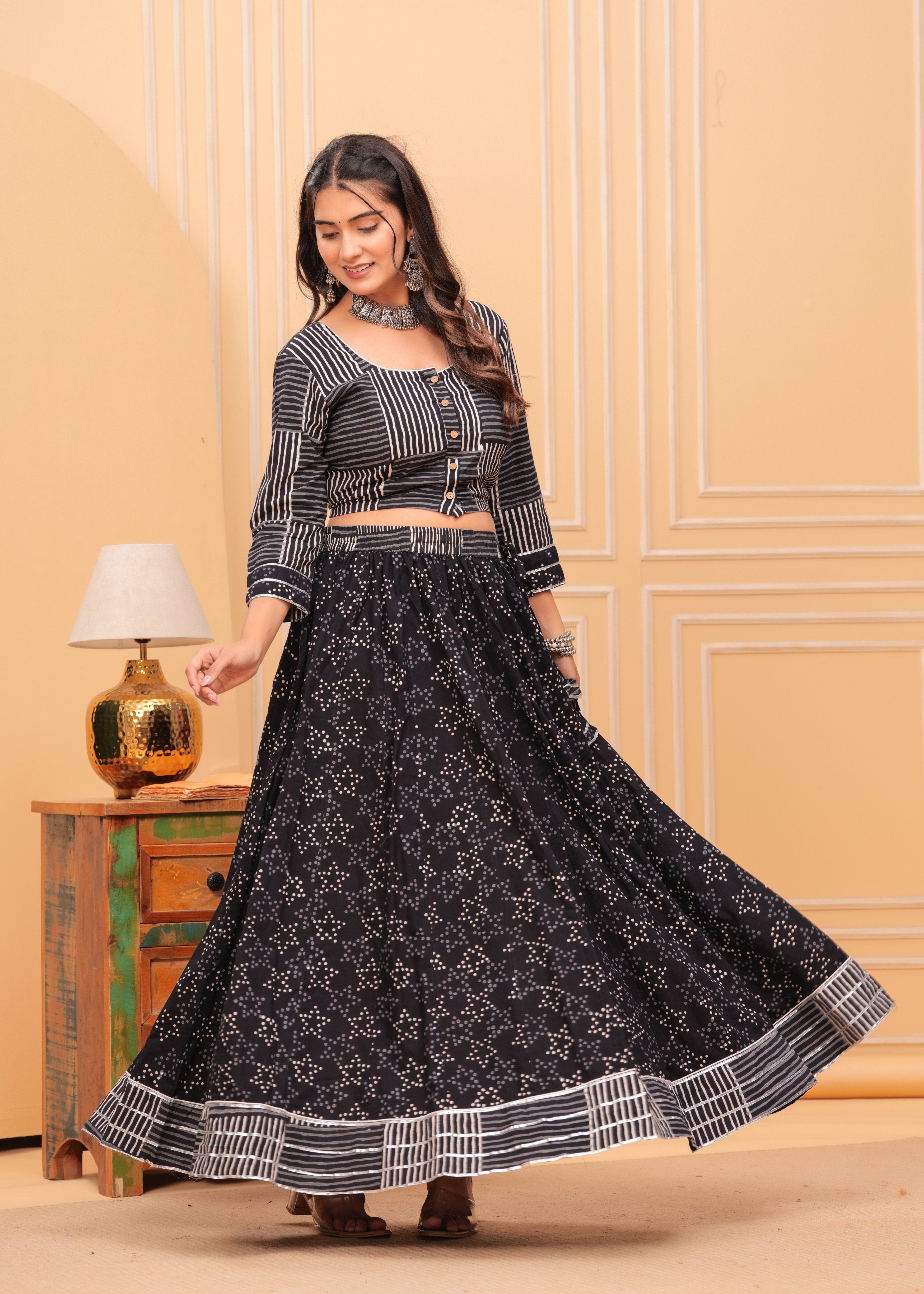 Ziyorah | Blockprinted Black Lehanga Choli Set