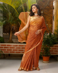 Ziyorah| Pure Cotton Kota Doria Saree Light Brown Color Jaal Embroidery With Running Blouse