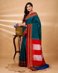 Ziyorah| Ilkal Handloom Cotton Silk Saree Dark Turquoise Color With Running Blouse