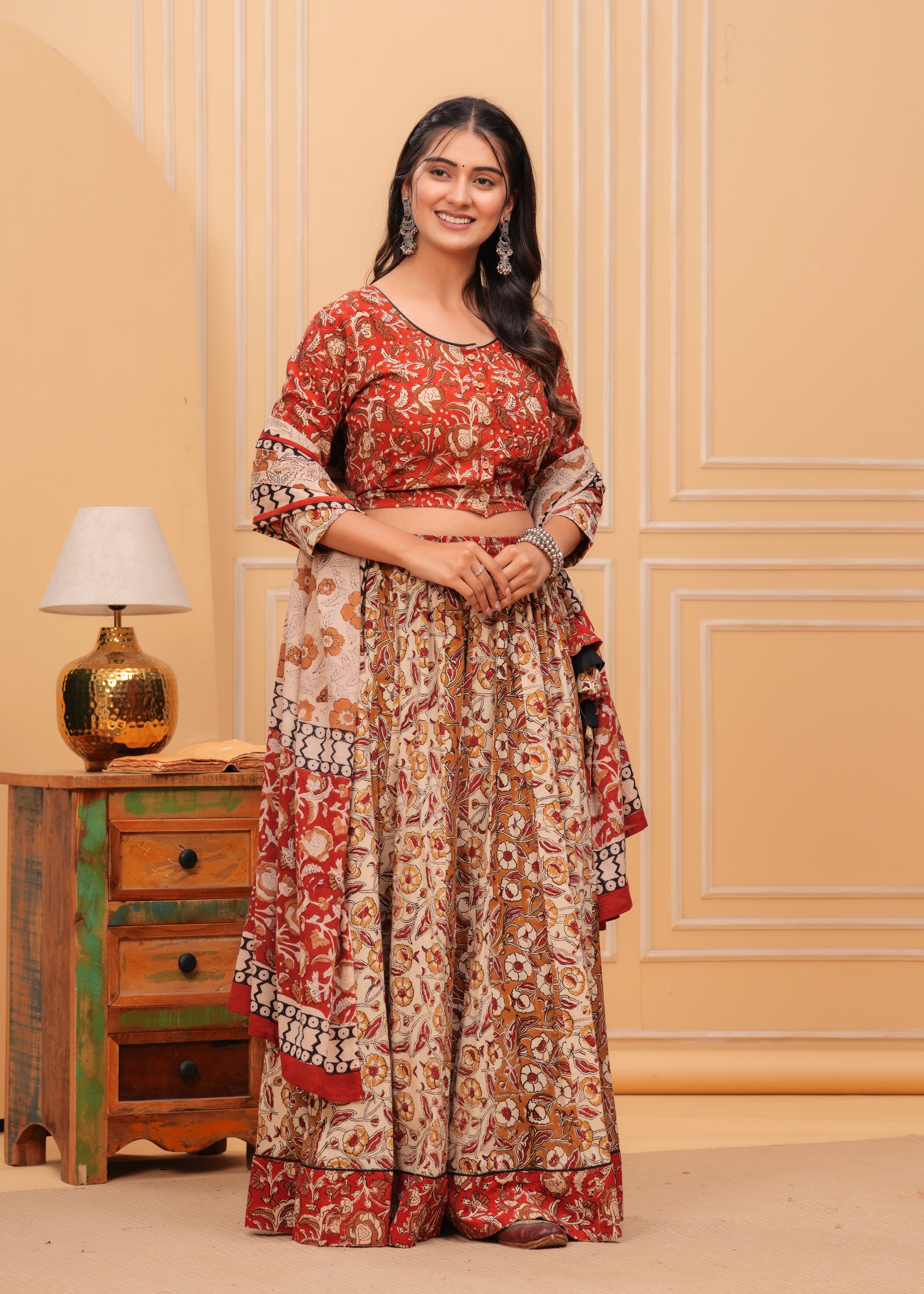 Ziyorah | Blockprinted Brown Lehanga Choli Set