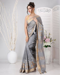 Ziyorah | Banswara Silk Gray Saree Lotus Embroidery Running Blouse