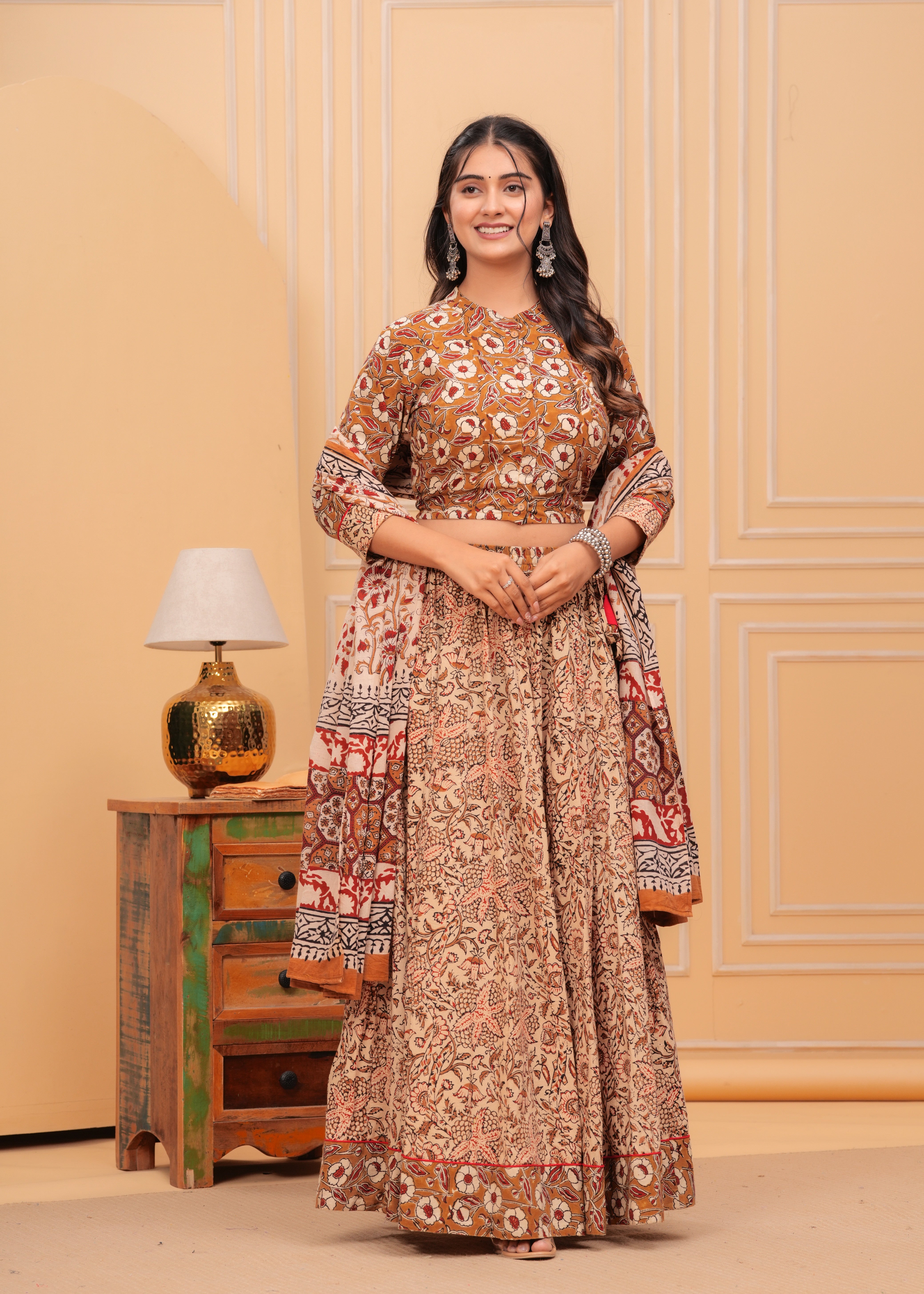 Ziyorah | Blockprinted Brown Lehanga Choli Set