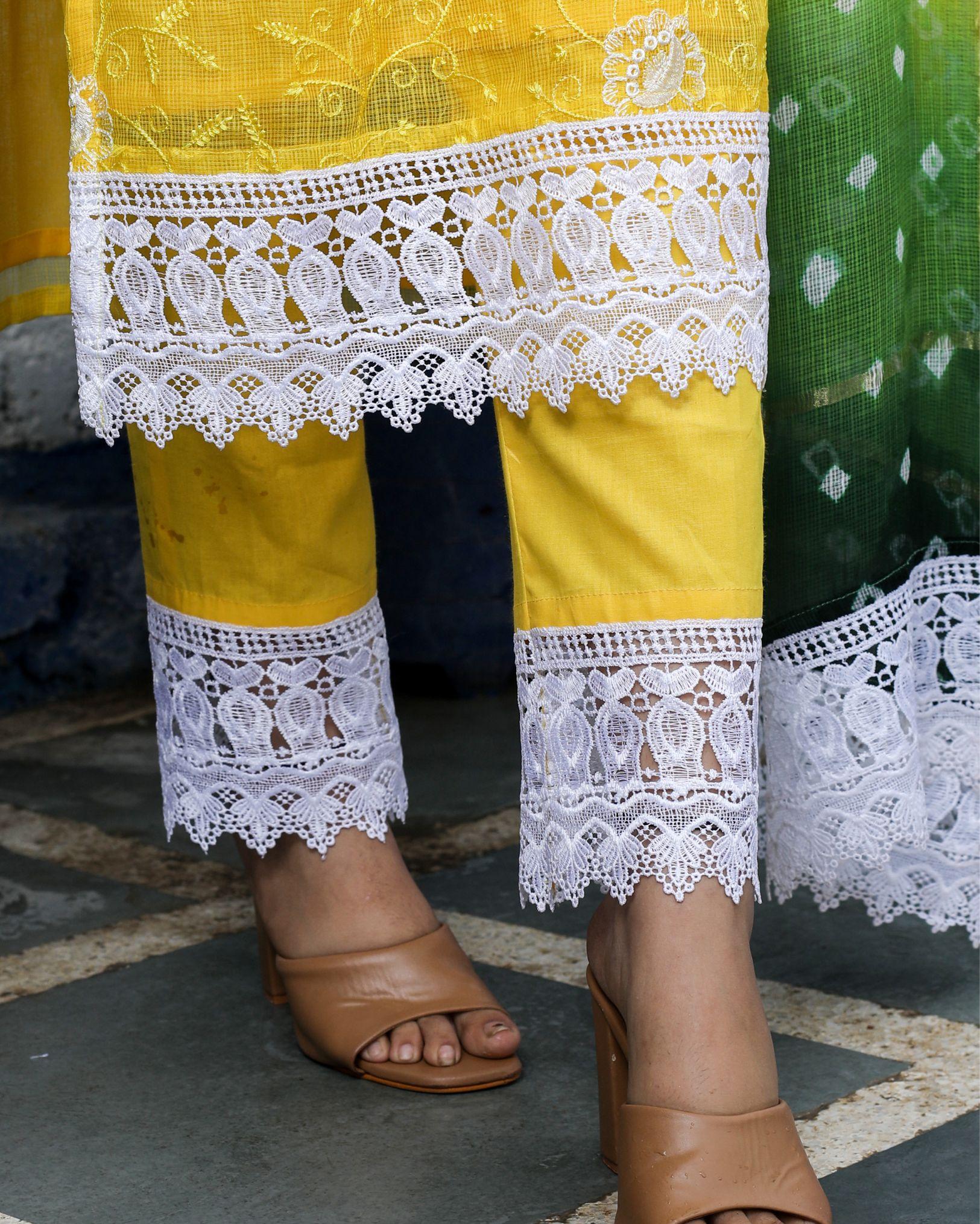 Ziyorah| Kota Doria Yellow Suit Stitch Embroidery 3/4Th Sleeve