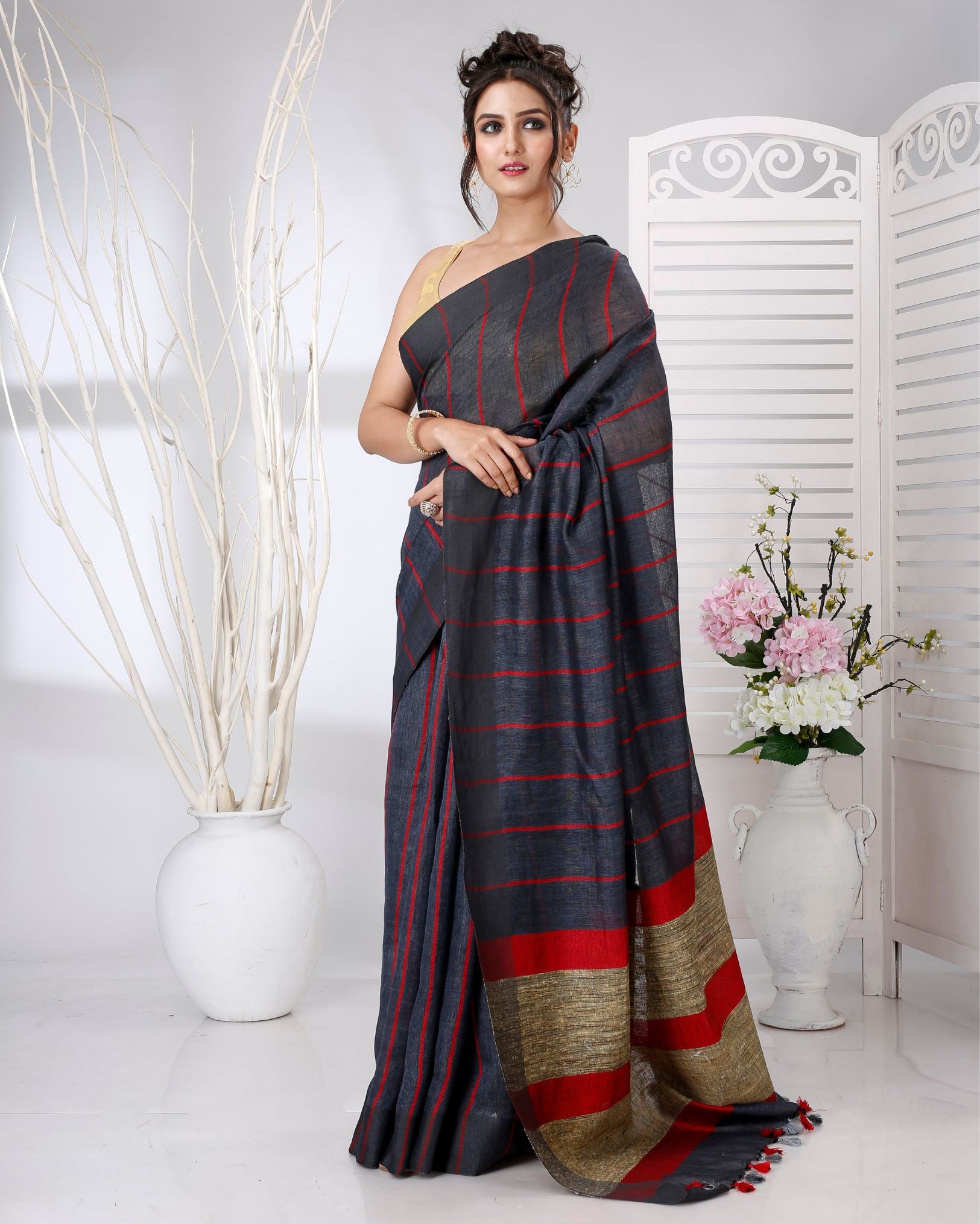 Ziyorah | Pure Linen Purple Saree Striped Design With Running Blouse