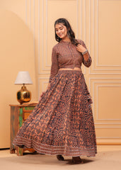 Ziyorah | Blockprinted Brown & Blue Lehanga Choli Set