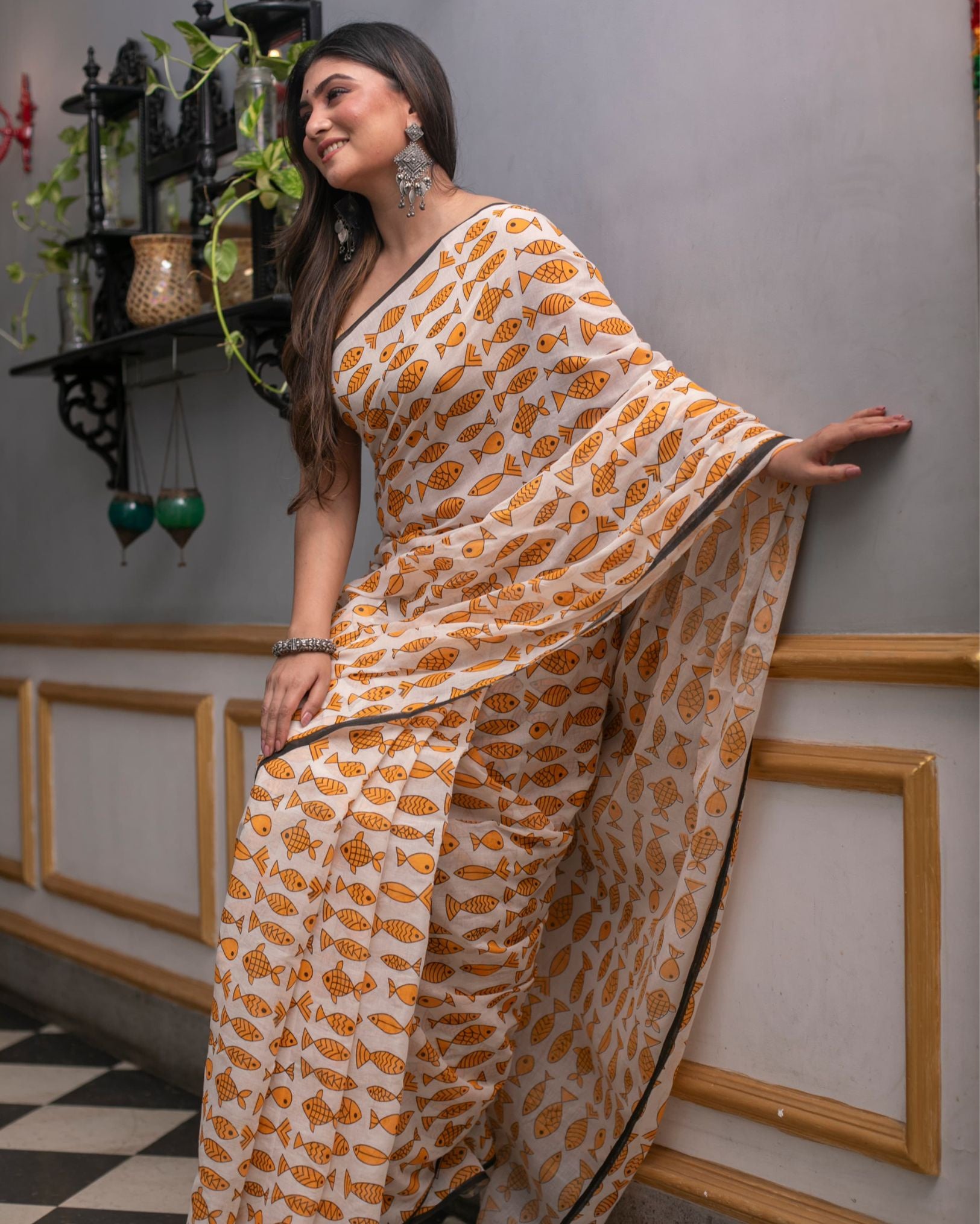 Ziyorah | Mul Cotton Printed Saree Orange & White