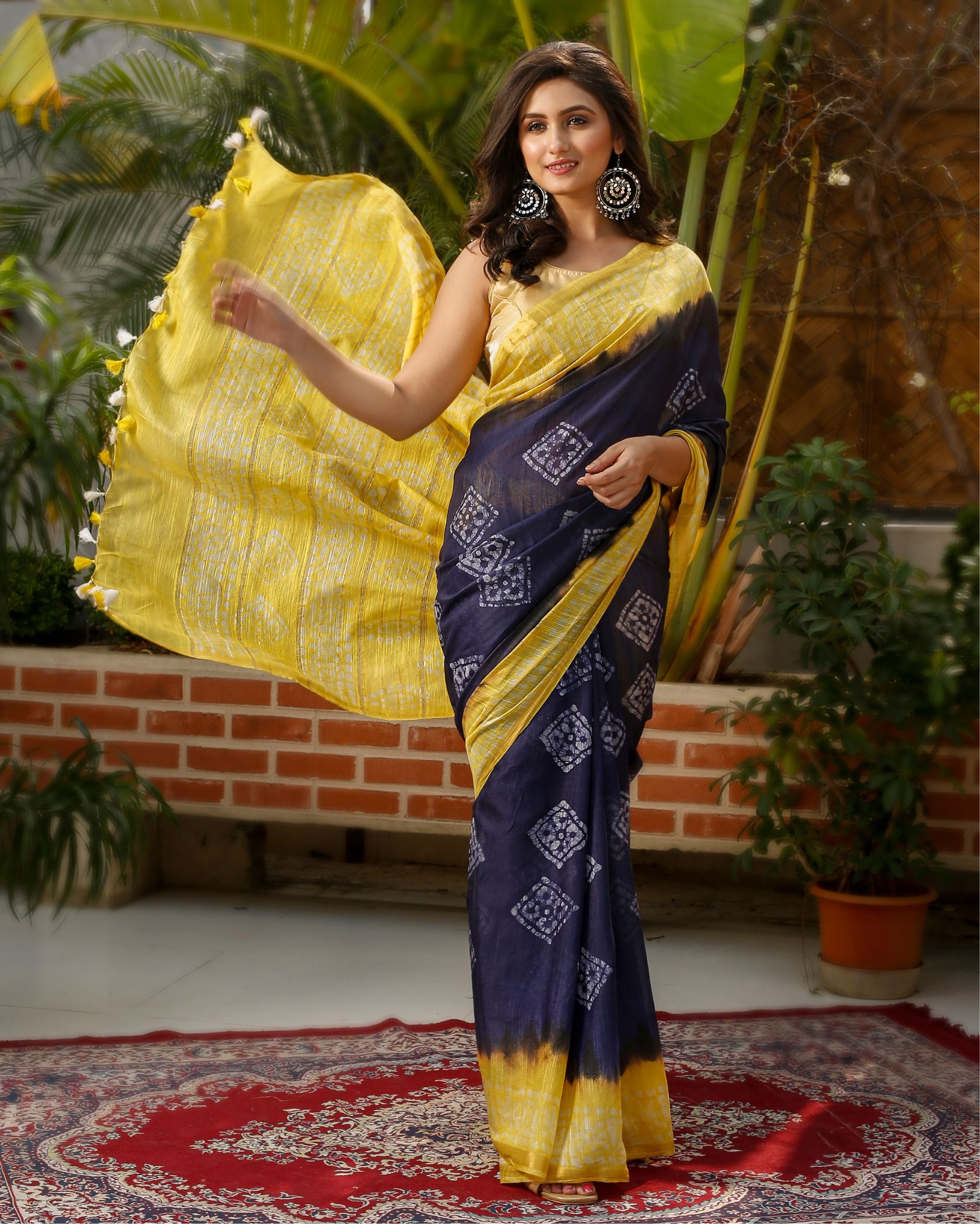 Ziyorah| Kota Silk Saree Dark Purple & Pale Yellow Double Color Batik Print With Running Blouse