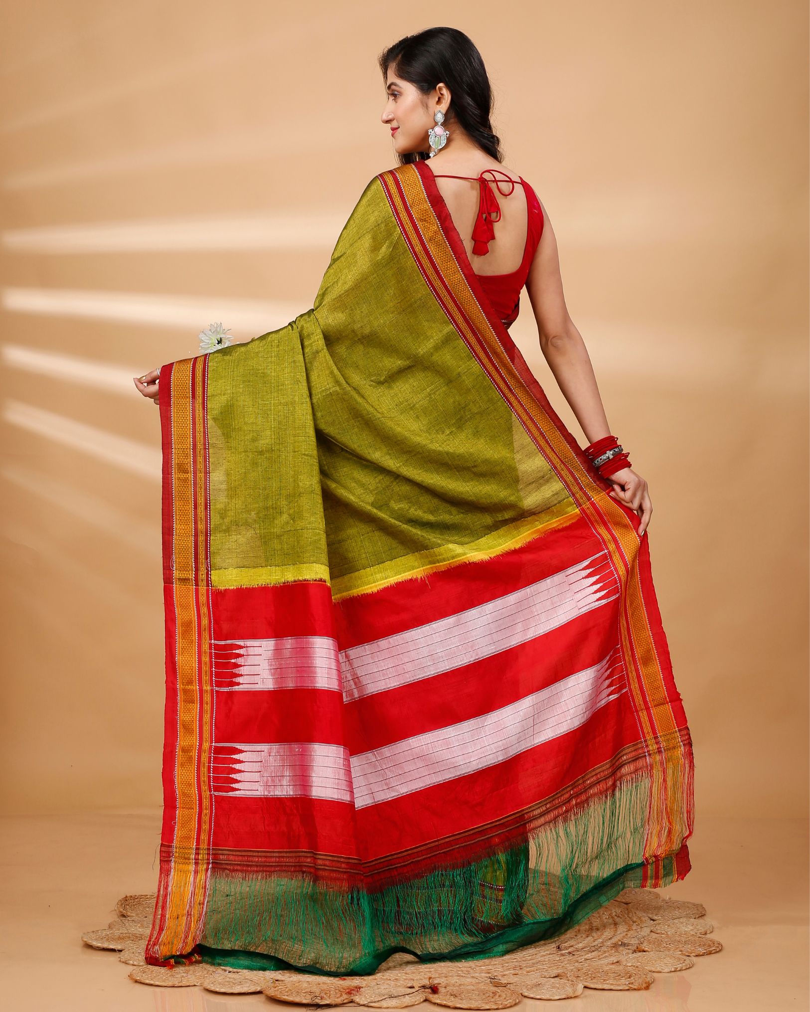 Ziyorah| Ilkal Handloom Cotton Silk Saree Olive Green Color With Running Blouse