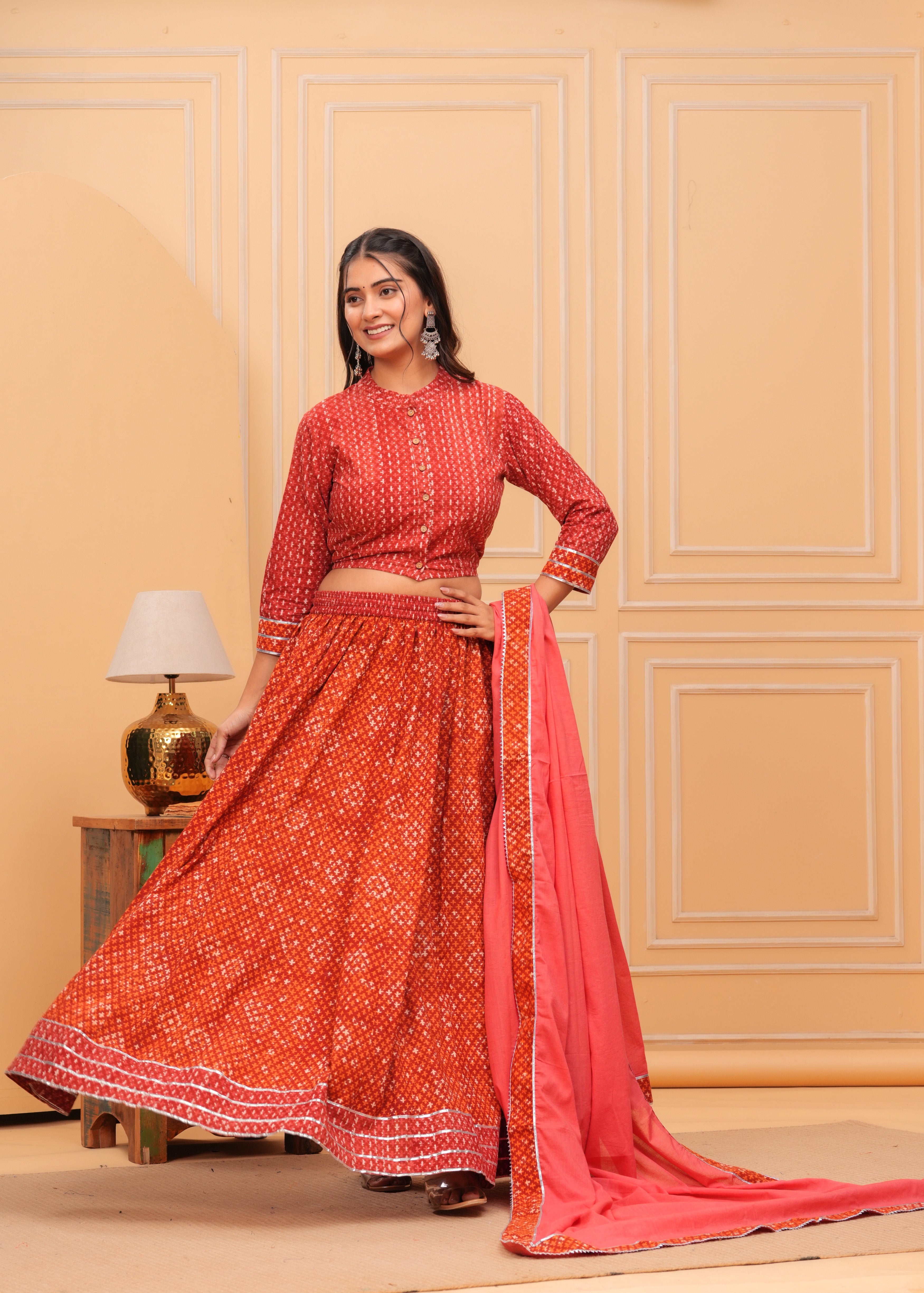 Ziyorah | Blockprinted Orange Lehanga Choli Set