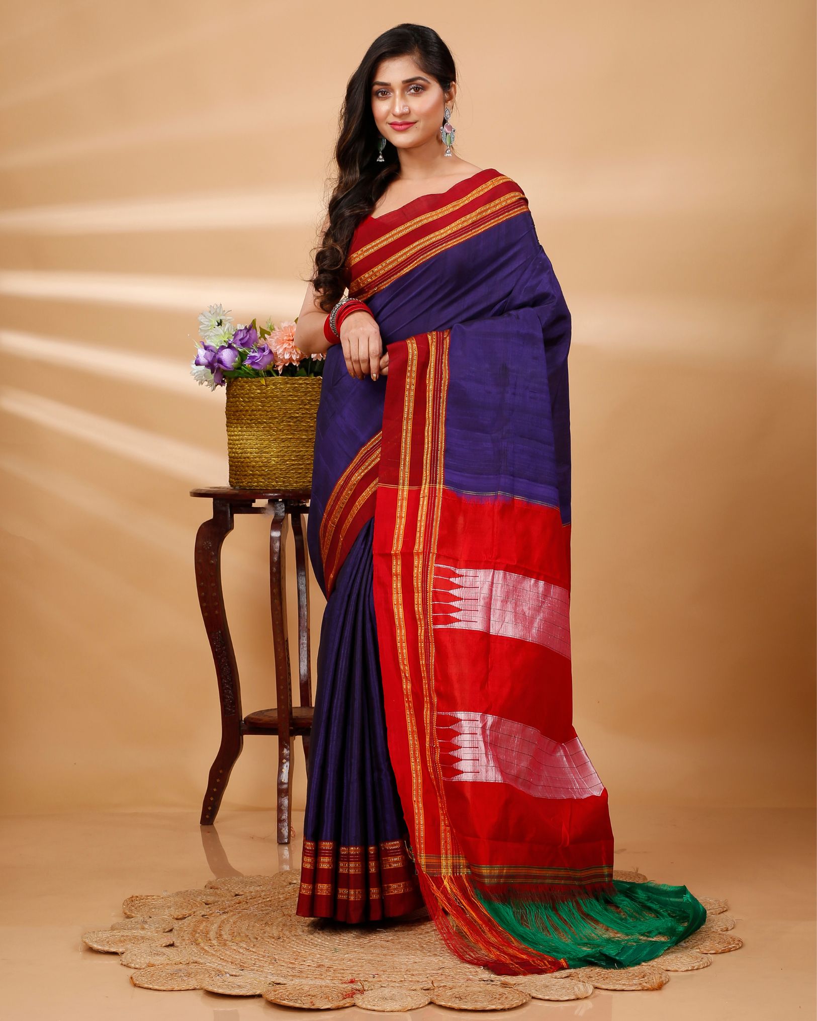 Ziyorah| Ilkal Handloom Cotton Silk Saree Dark Indigo Color With Running Blouse