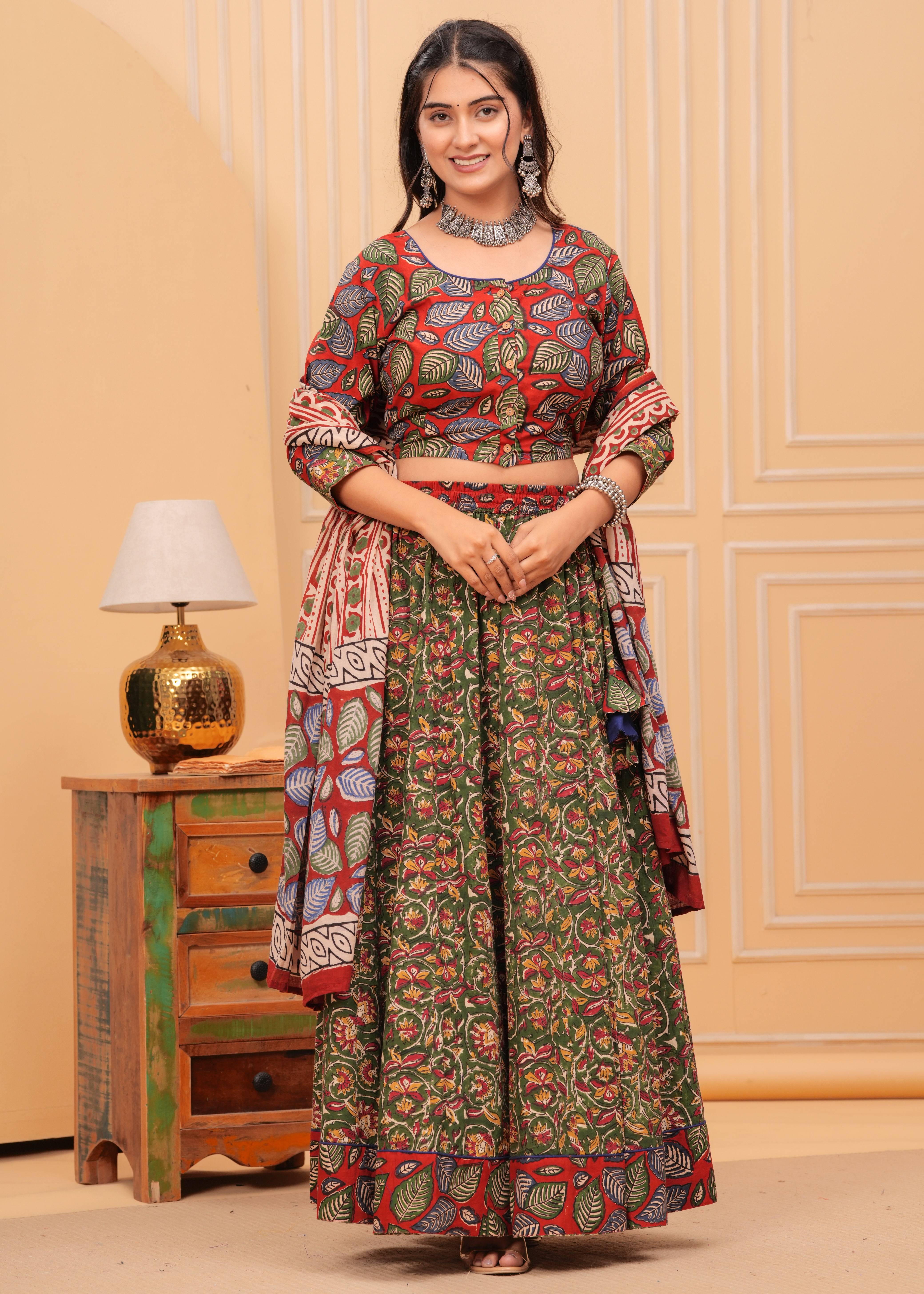 Ziyorah | Blockprinted Green & Red Lehanga Choli Set