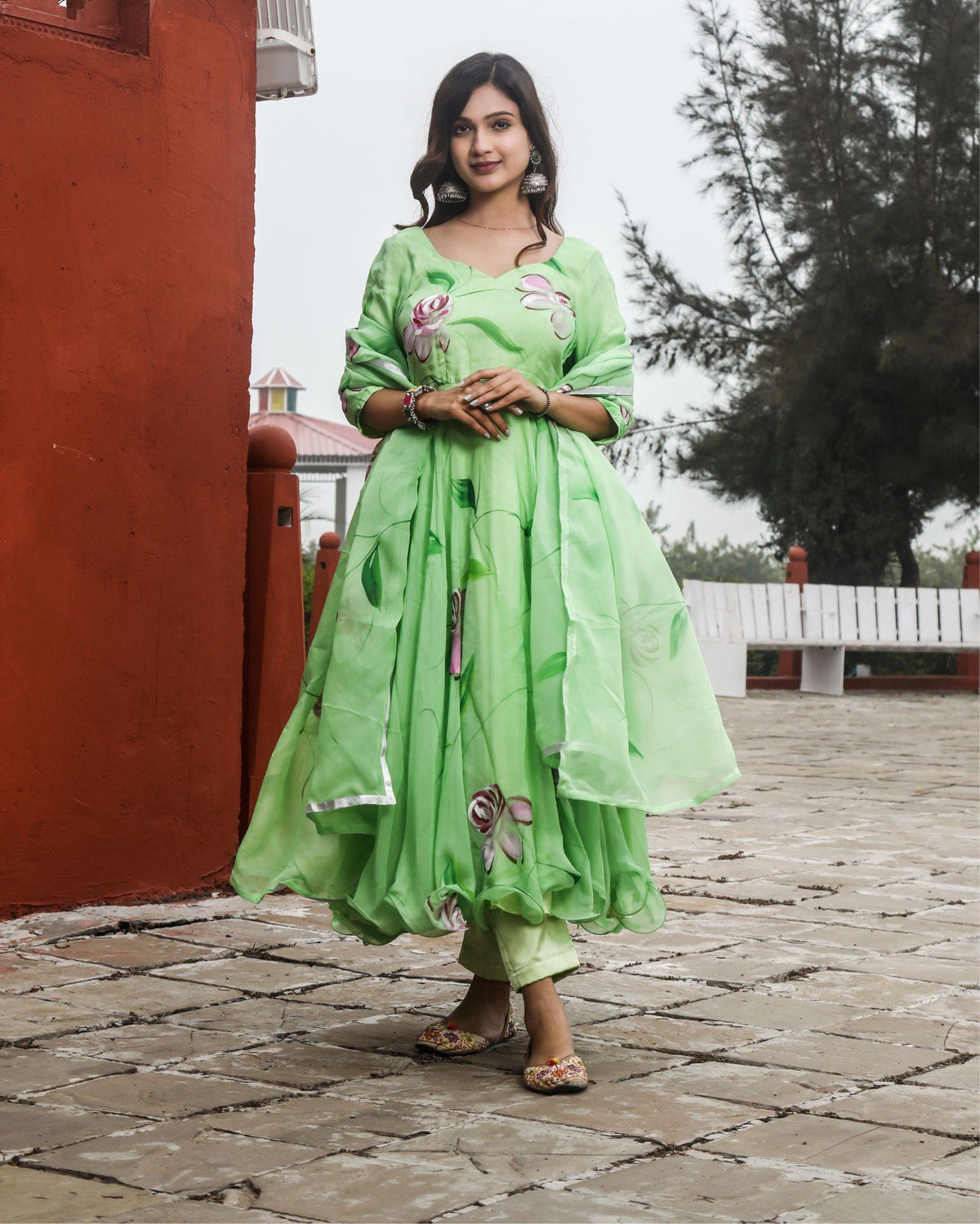 Ziyorah| Organza Pista Green Suit Hand Painted Three Quarter Length Sleeve