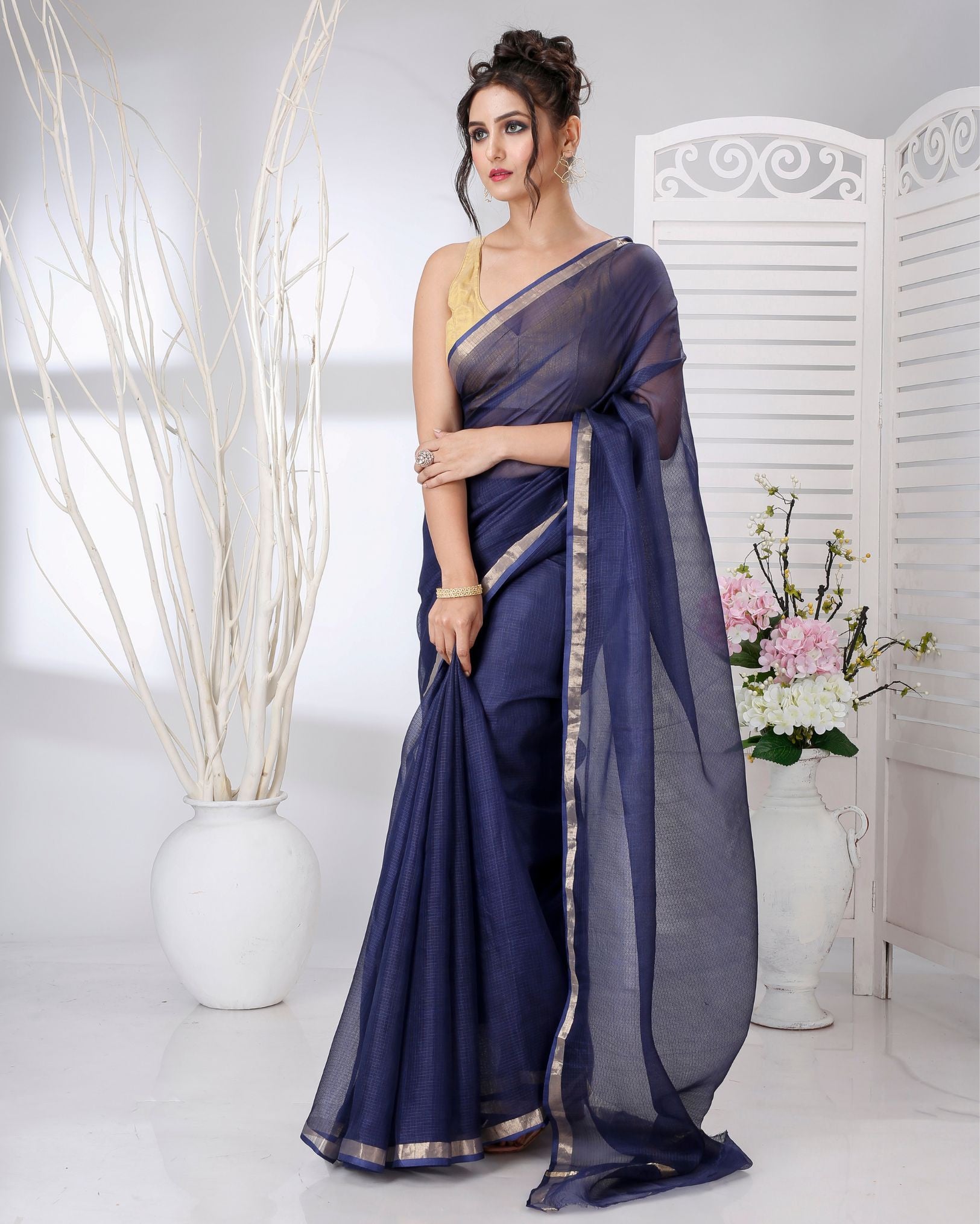 Ziyorah | Kota Silk Blue Saree Plain With Running Blouse