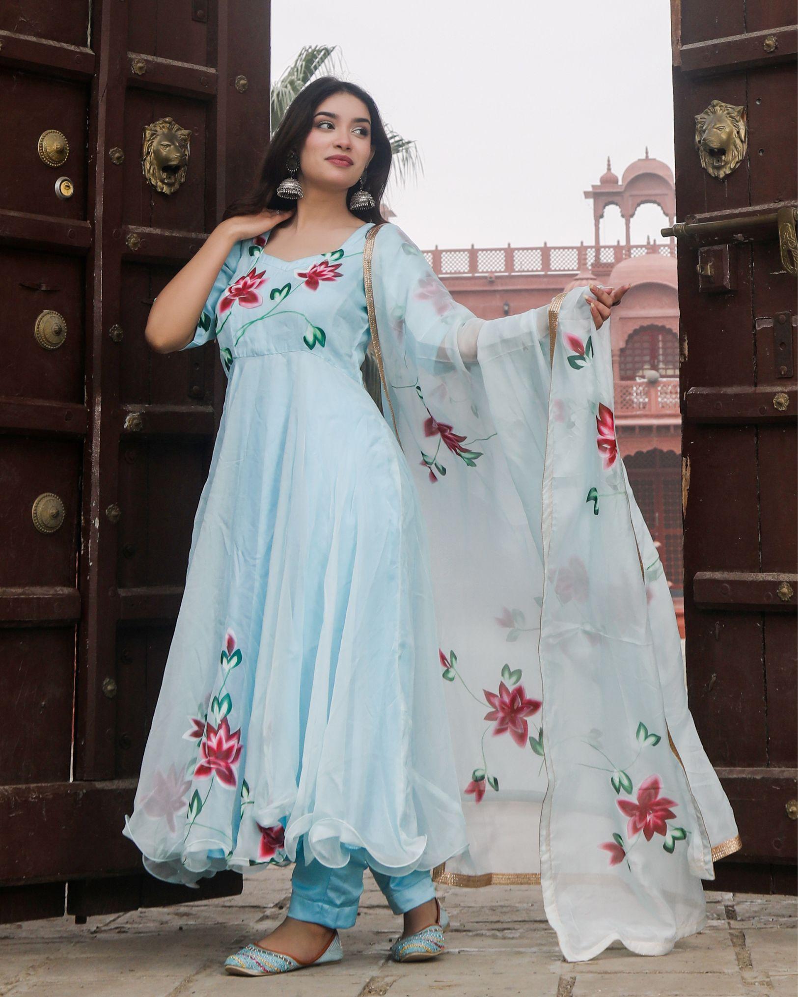 Ziyorah| Organza Light Blue Suit Hand Painted Three Quarter Length Sleeve