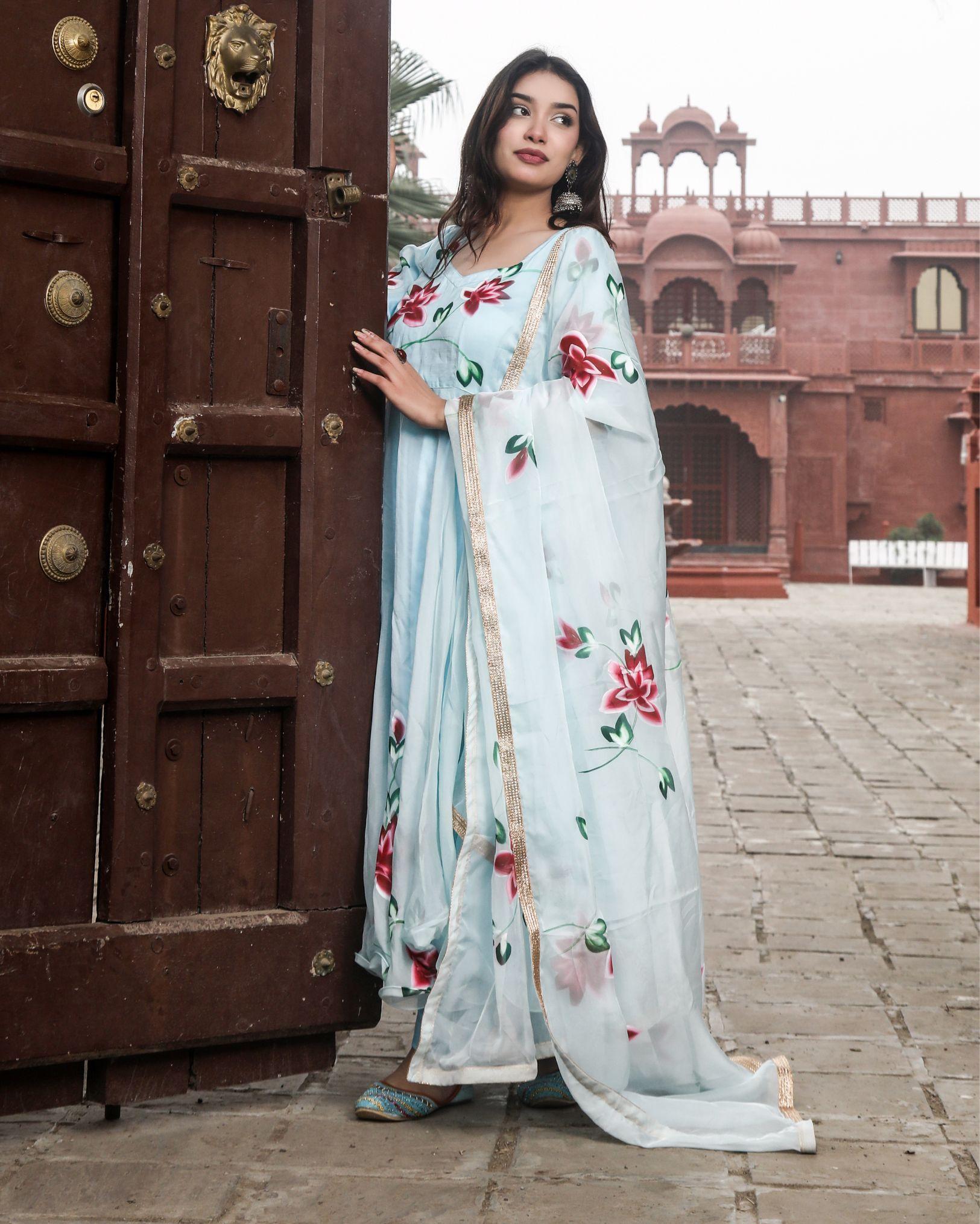 Ziyorah| Organza Light Blue Suit Hand Painted Three Quarter Length Sleeve