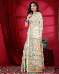 Ziyorah | Kashmiri Silk Off White Printed Saree