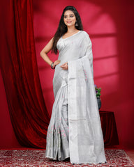 Ziyorah | Tissue Linen Embroidered Silver Saree 