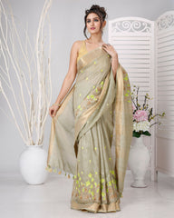 Ziyorah | Banswara Silk Pale Olive Green Saree Lotus Embroidery Running Blouse