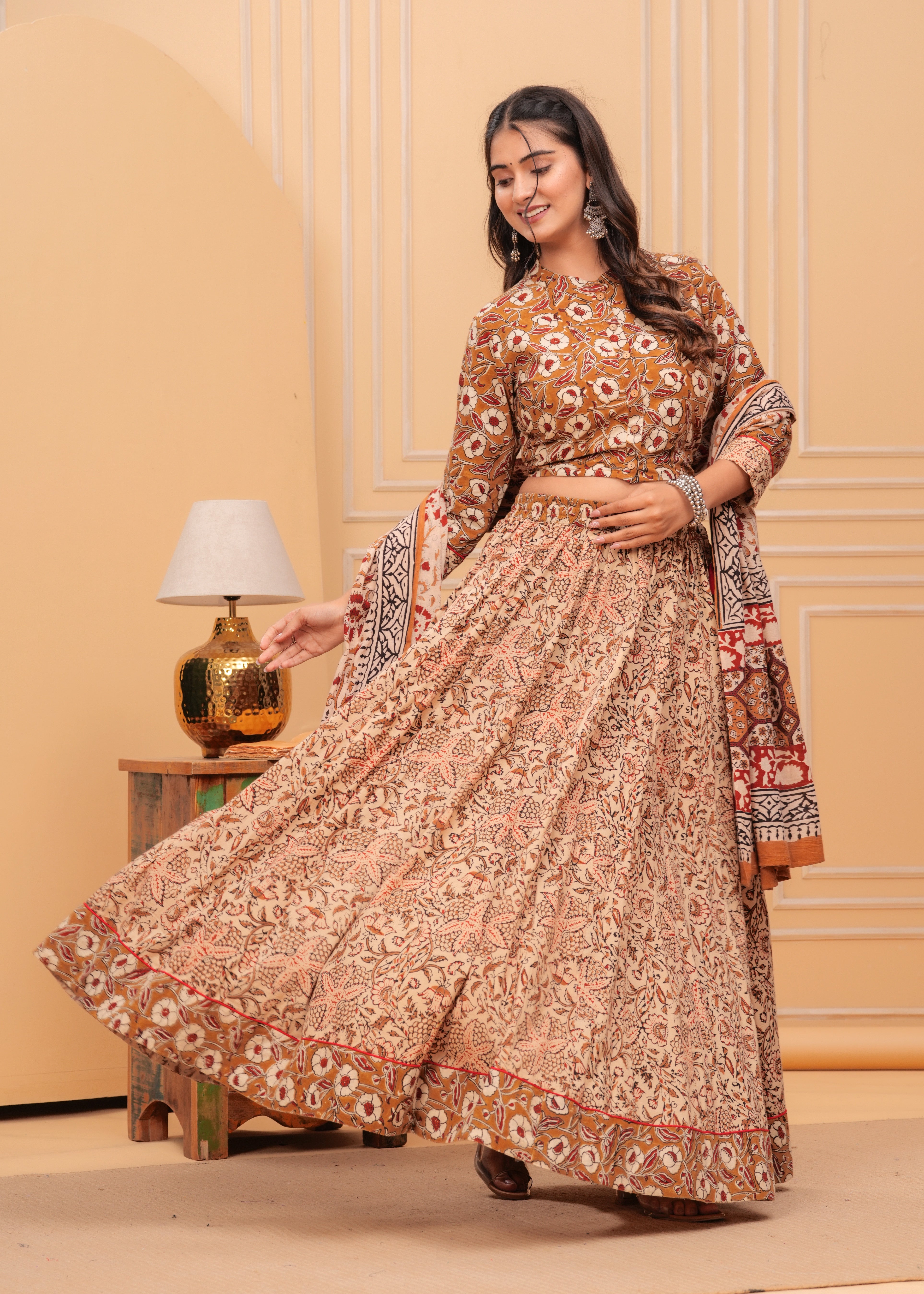 Ziyorah | Blockprinted Brown Lehanga Choli Set